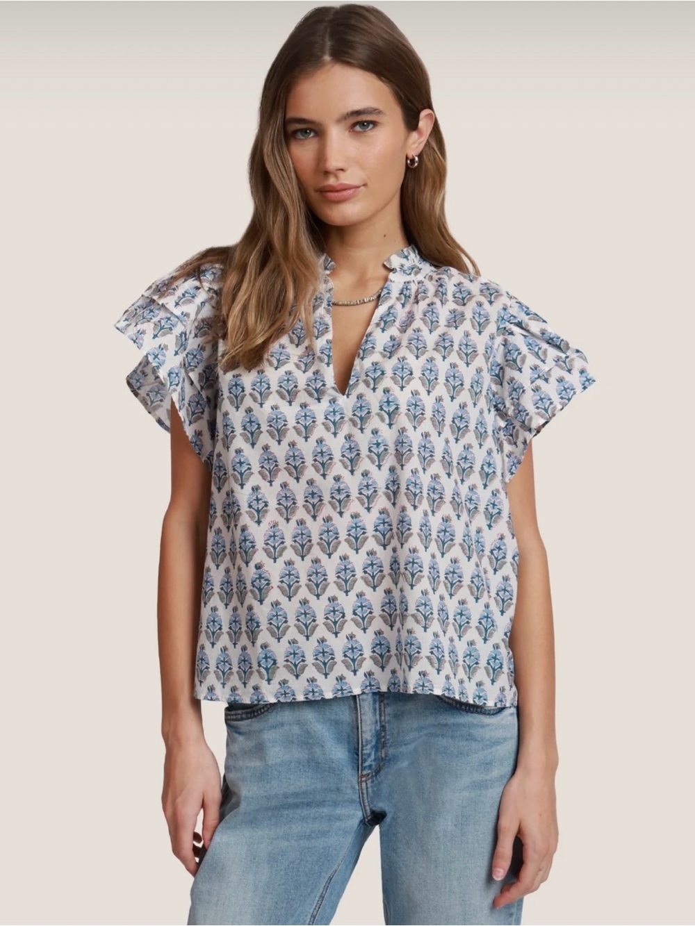 Dylan Blue Floral Ruffled Split-Neck Blouse
